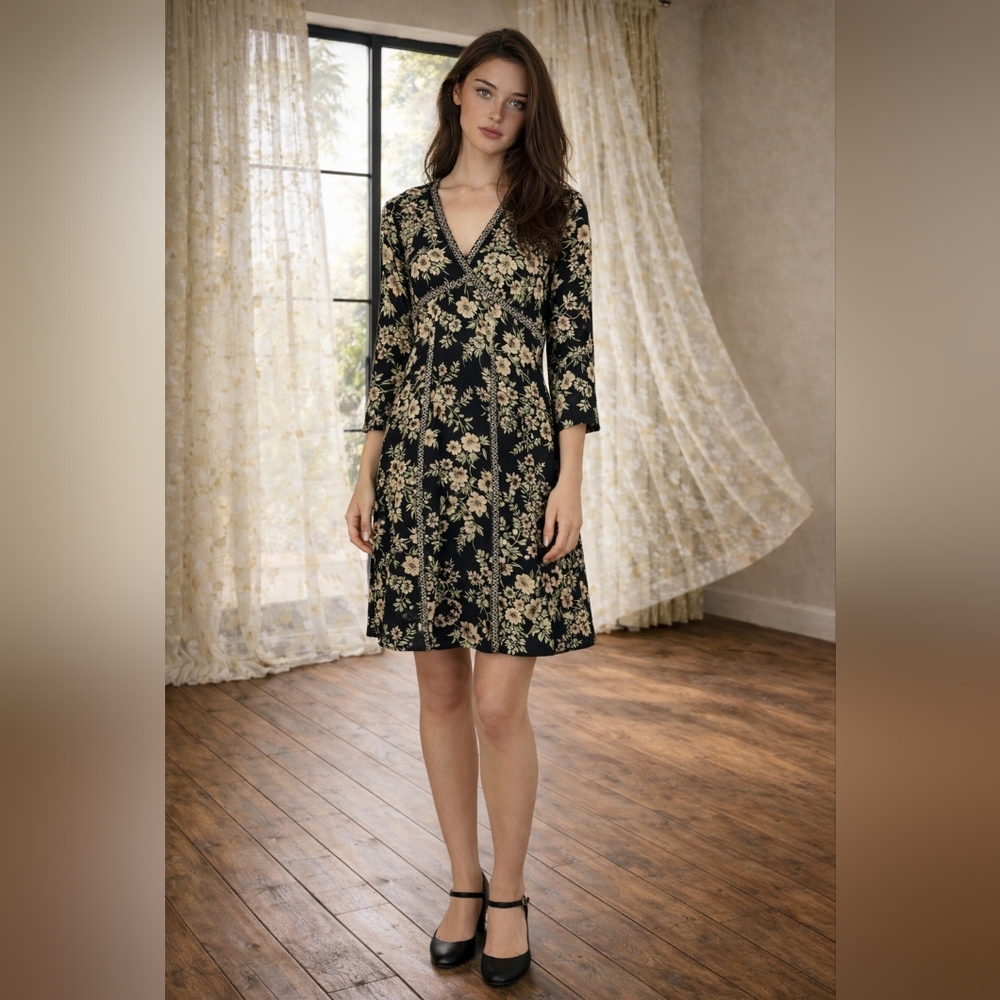 Marc Cain Silk Blend Botanical Floral V-Neck Dress (Size 8)